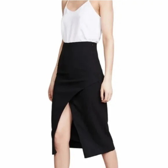 Black Halo Juma Black Asymmetrical Faux Wrap Pencil Tailored Skirt size 0 fits S - Picture 2 of 15
